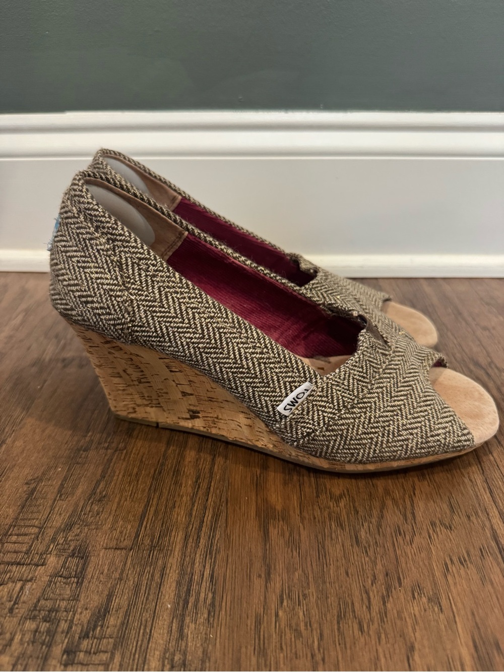 Toms Tan Herringbone Cork Wedge Peep-Toe Espadrille